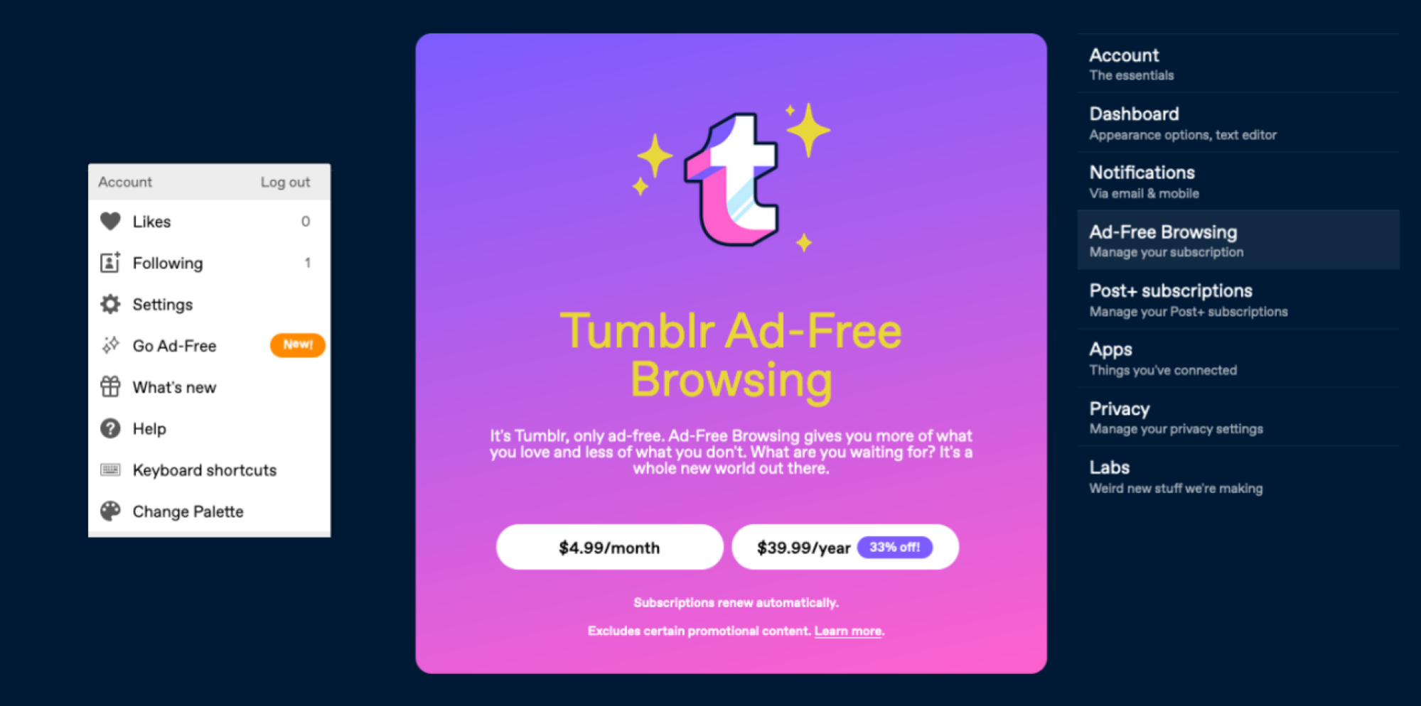 Tumblr lets you remove ads by...